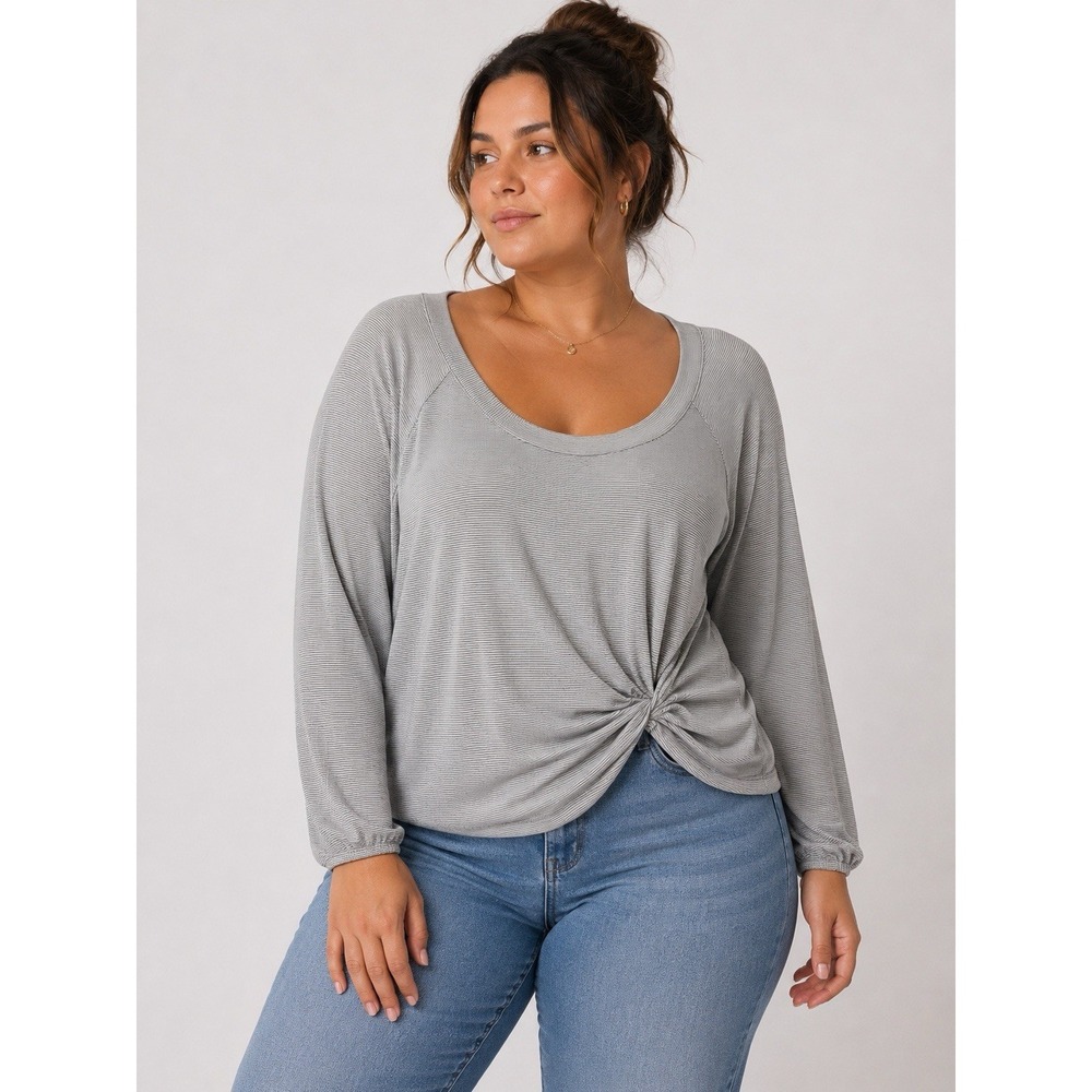 eShakti 3X Gray White Twist Front Long Sleeve Tunic Top Plus Size